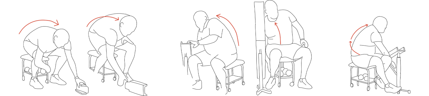Five line drawings illustrating the poor postures adopted by Boccia ramp operators during game play, with red arrows emphasising key areas of misalignment and discomfort.